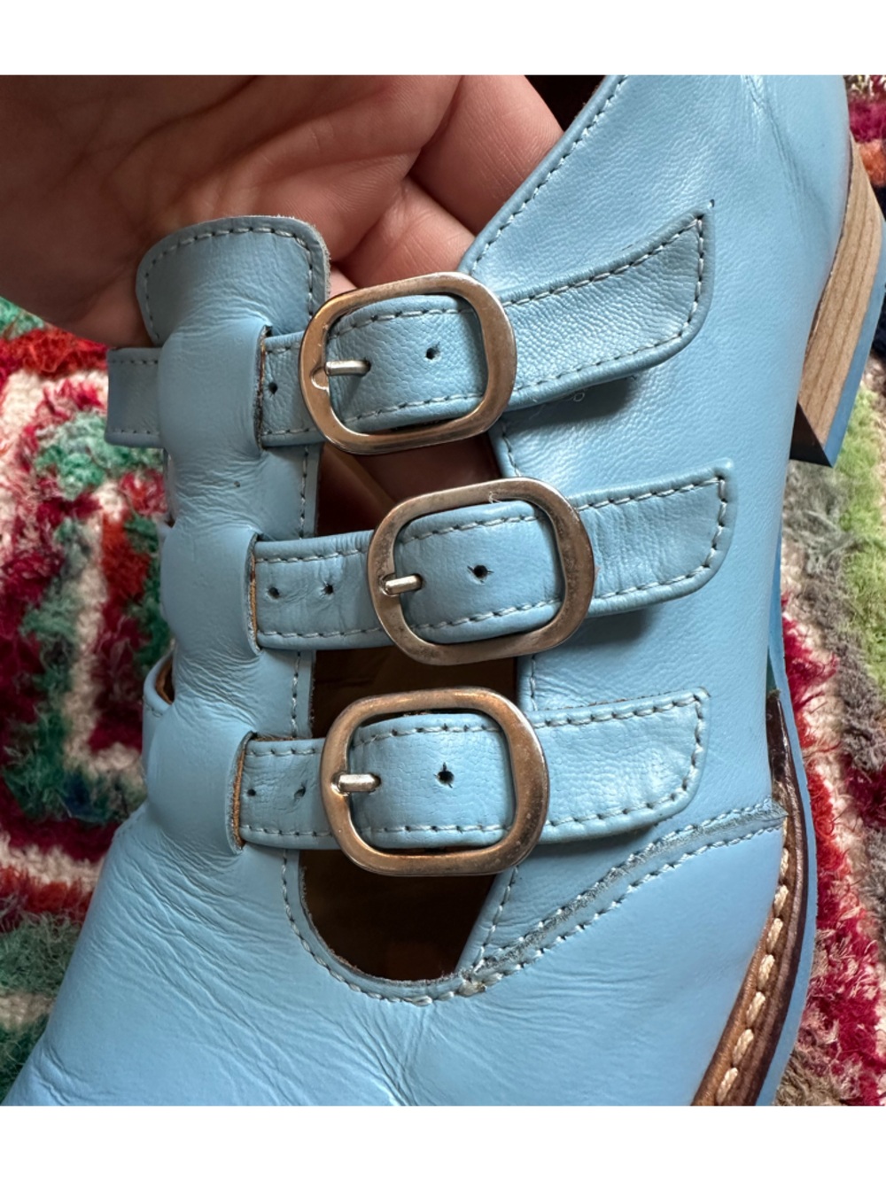 Fluevog EXCELLENT Biblio McPhee baby blue leather triple t-strap buckle shoe -12 - Picture 12 of 16